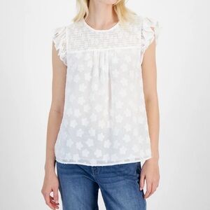Tommy Hilfiger Women’s Smocked Flutter Sleeve  Top Ivory Size M